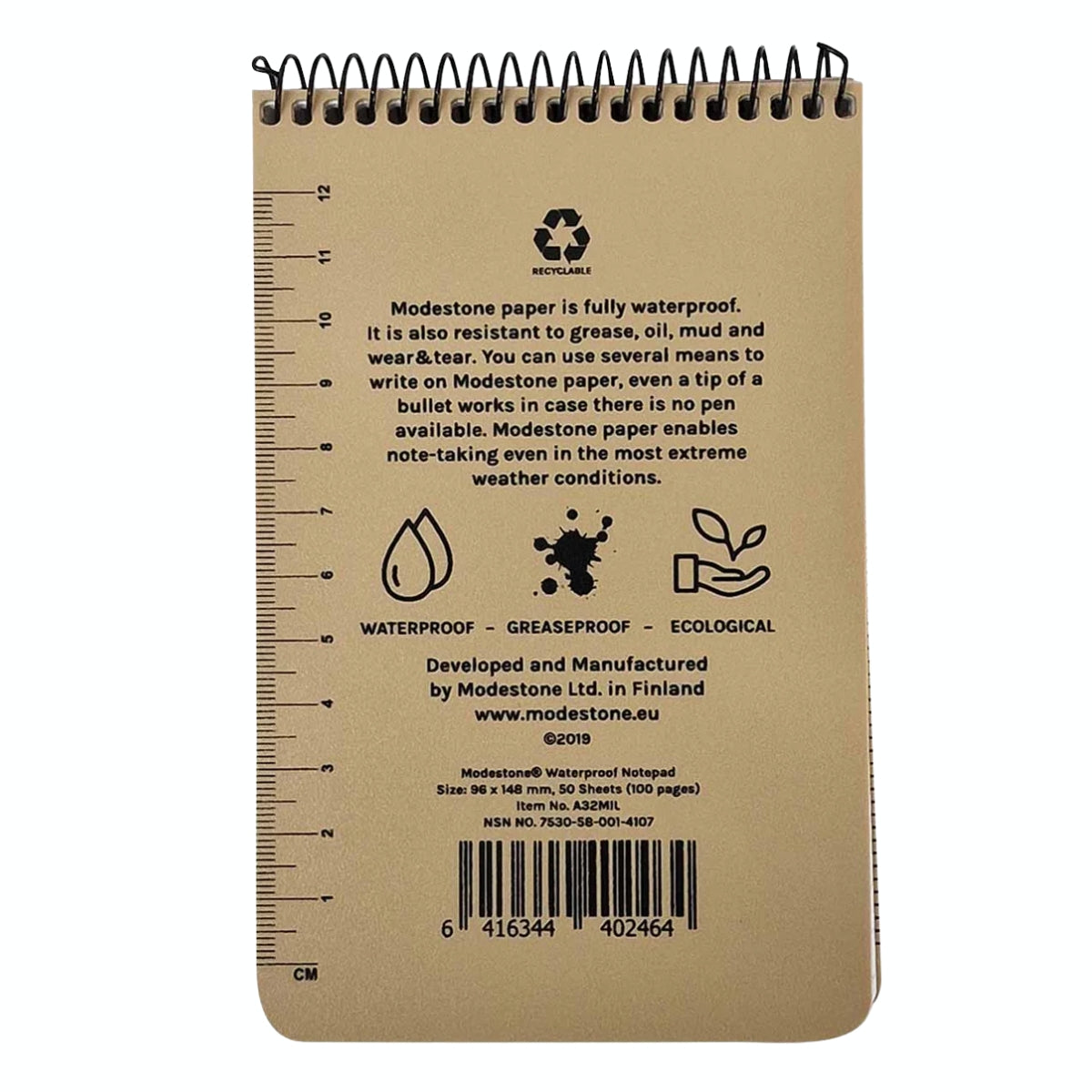 Modestone Waterproof Notebook 96 x 148mm - Tan - Back Cover - | Team-Alpha Ireland |